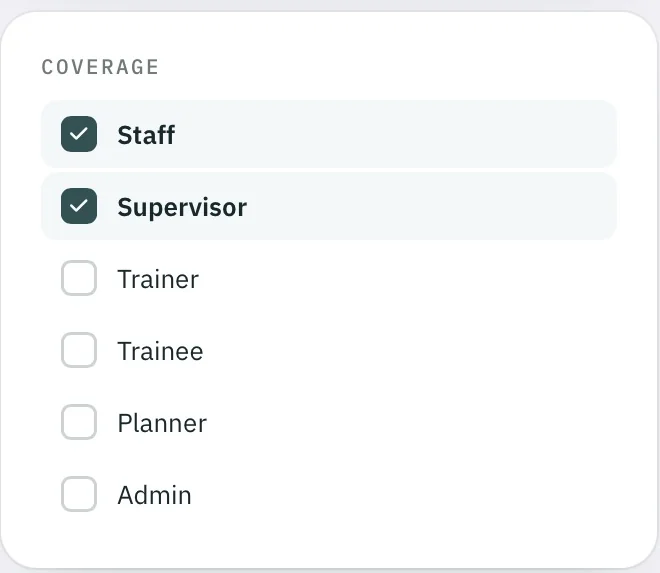 Coverage: staff and supervisor selected; trainer, trainee, planner and admin not