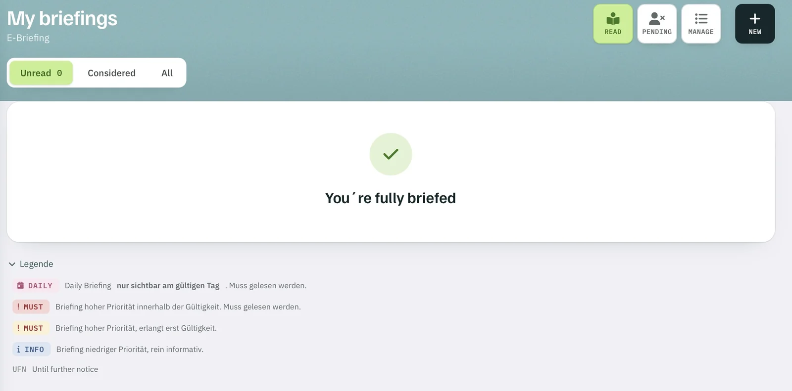 My briefings: unread 0, message “You’re fully briefed”, legend below