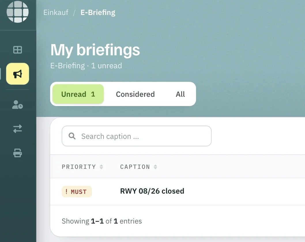My briefings: one unread briefing “RWY 08/26 closed”, must