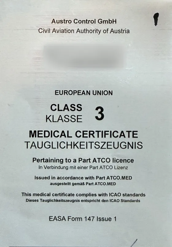 Class 3 medical certificate pertaining to a Part ATCO licence, EASA Form 147