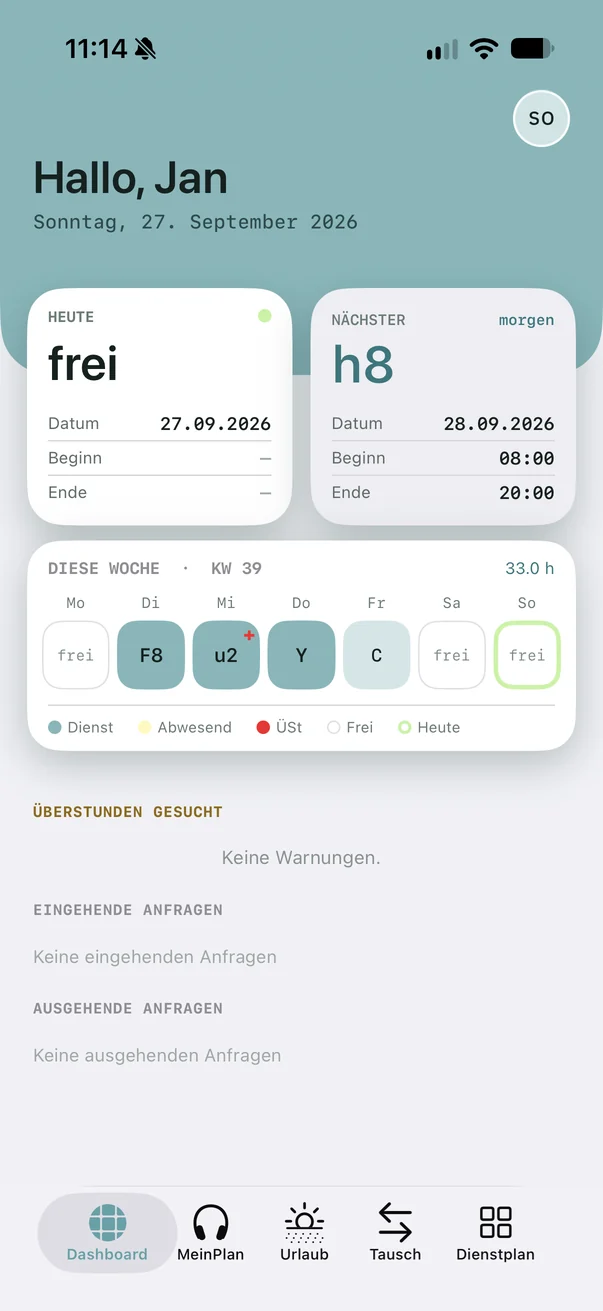 Dashboard: today, next shift, this week