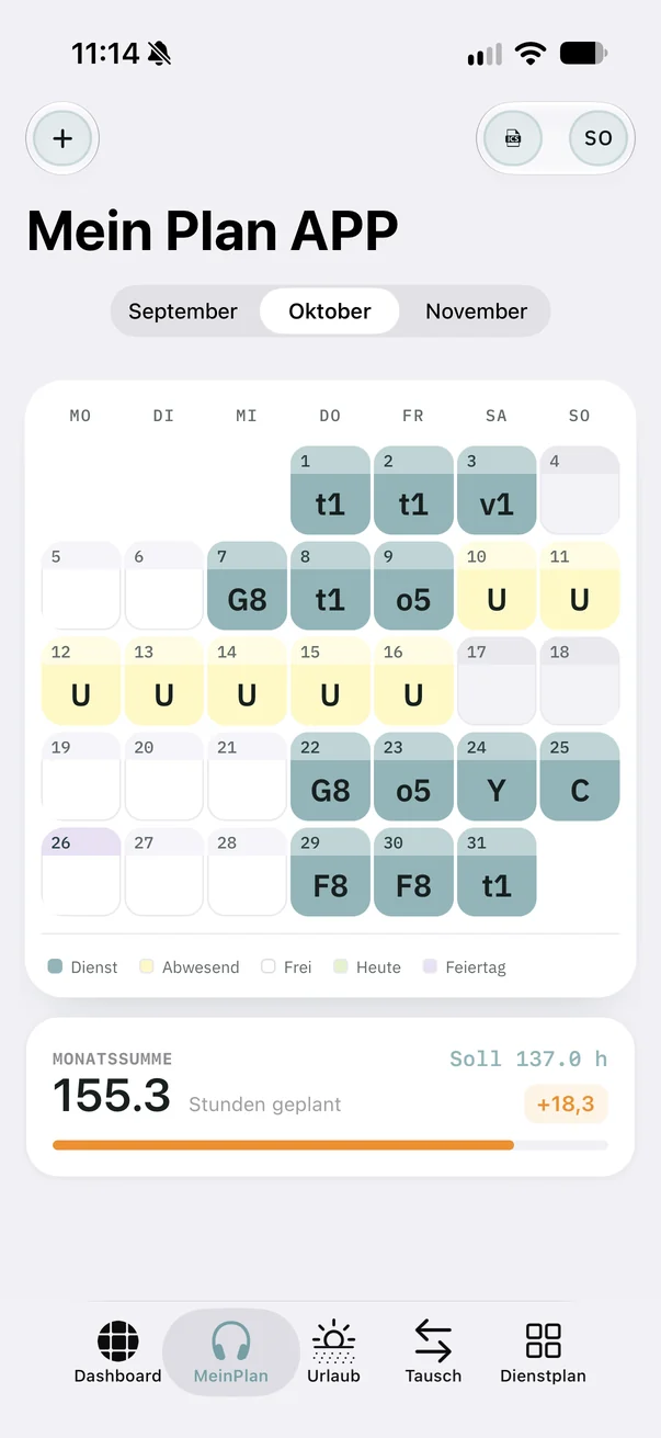 Mein Plan: month view with monthly total