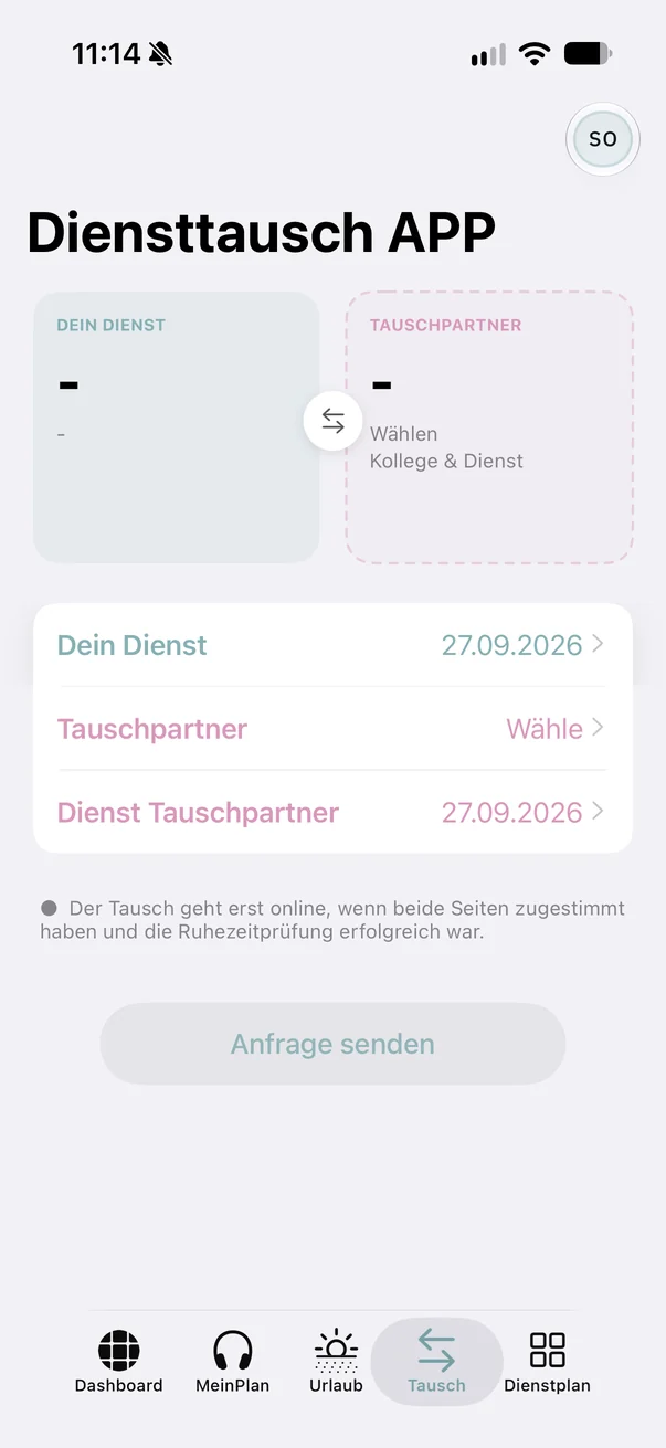Shift swap: your shift, swap partner, send request