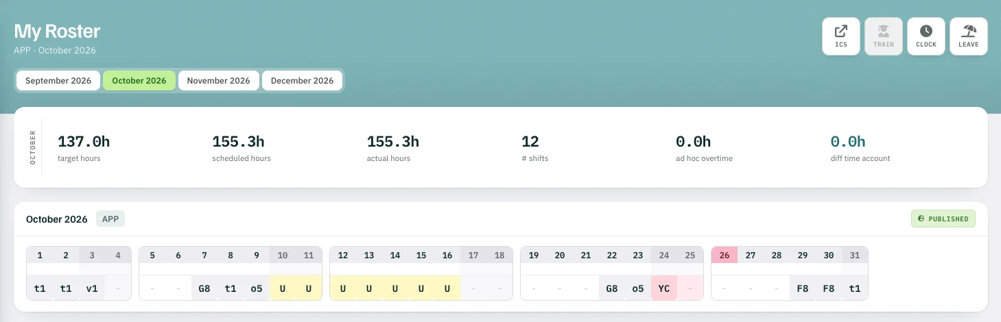 My Roster in the browser, APP, October 2026: target, scheduled and actual hours, number of shifts, published month with shifts and leave; buttons ICS, TRAIN, CLOCK and LEAVE