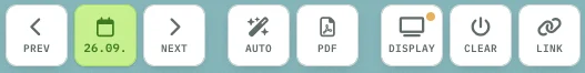 OPS schedule toolbar: PREV, date, NEXT, AUTO, PDF, DISPLAY, CLEAR and LINK