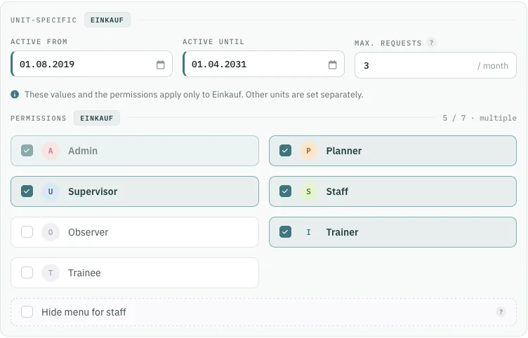 Rechte je Dienststelle: Administrator, Dienstplaner, Supervisor, Mitarbeiter, Beobachter, Trainer, Trainee